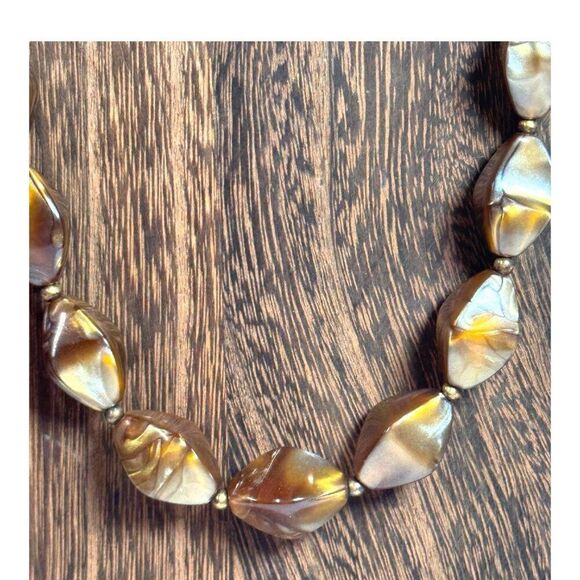 Vintage Lucite Gold & Brown Beaded Swirl Necklace 23” Brass Hook Clasp Retro - Picture 2 of 7